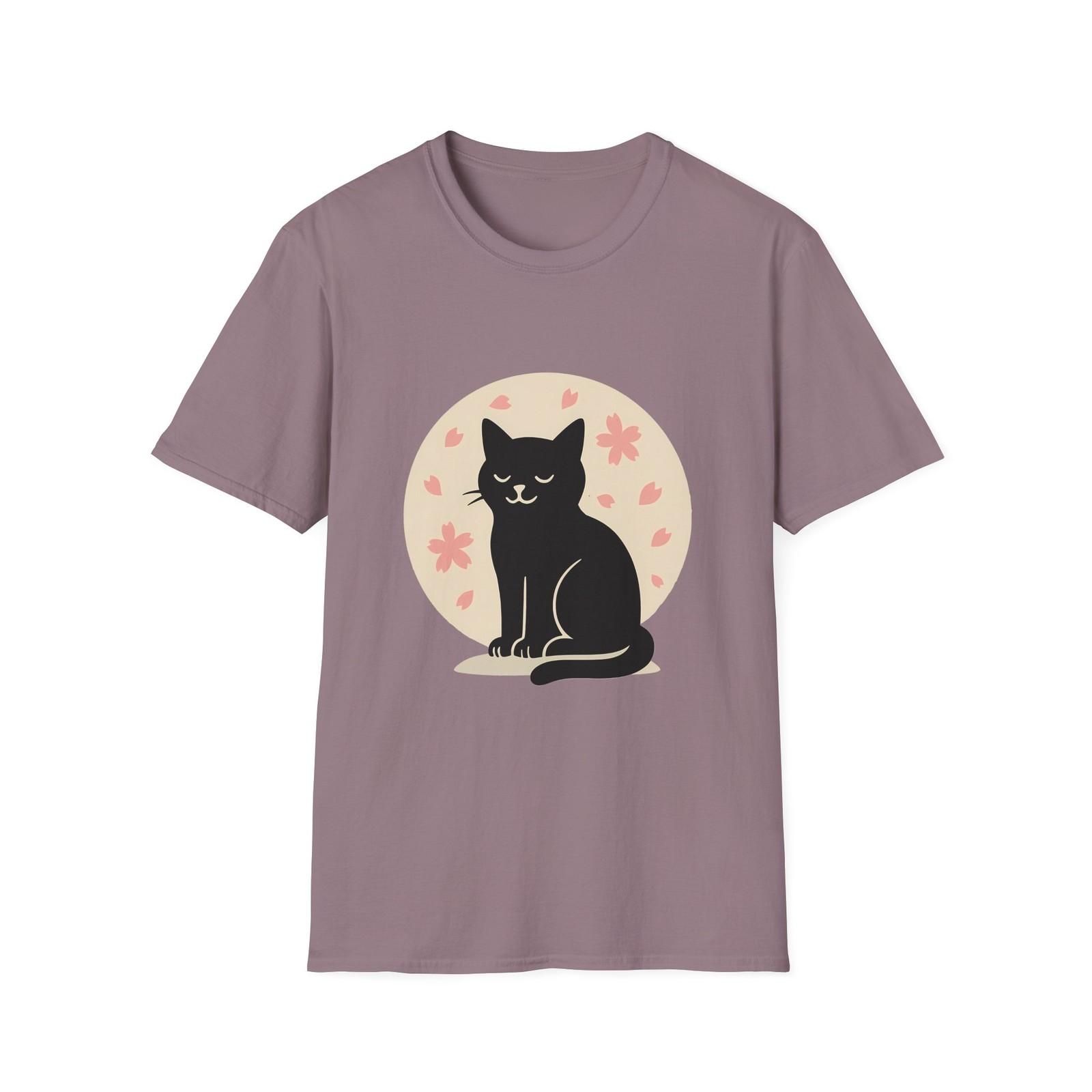 Unisex Softstyle Cherry Blossom Cat T-Shirt Mens Womens Tees Top | Zen Feline Silhouette M
