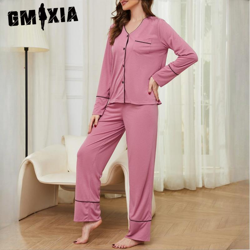 GMXIA Women's Homewear Autumn and Winter Cardigan Long-sleeved Trousers Two-piece Pajamas