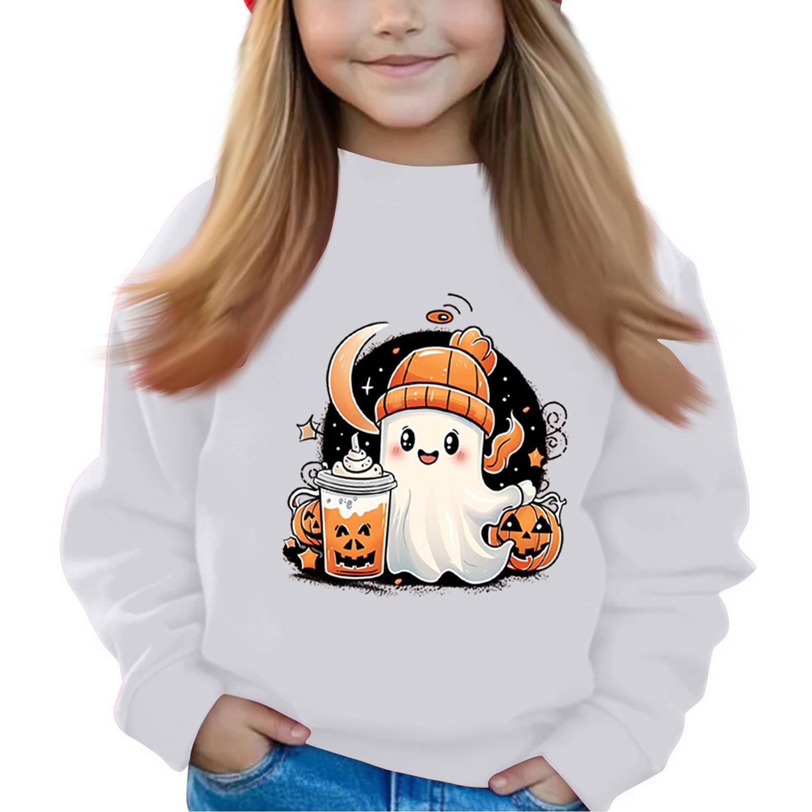 

Хэллоуин День Девочки Пуловеры с Круглым Вырезом Для Детей Принтованные Детские Топы 160 белый