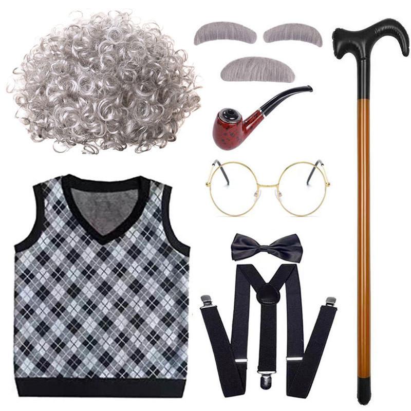 Classic Grandfather Costume Wig Set Featuring Short Soft Curly Hair And Stylish Vest For Kids