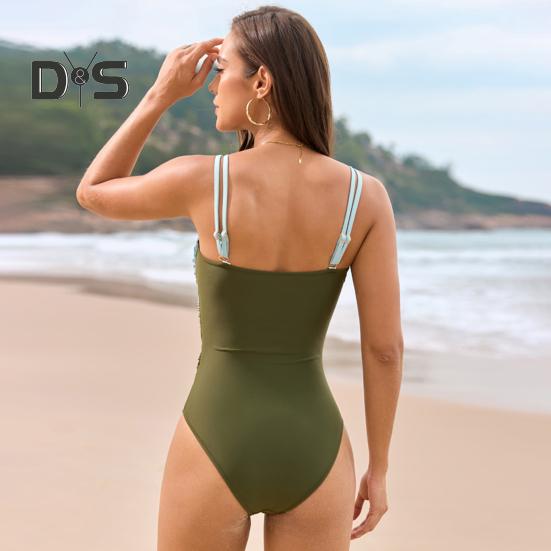 Women Monokini Sling Hollow Design One-piece Swimsuit with Metal Buckles Patchwork Color Sexy Beachwear