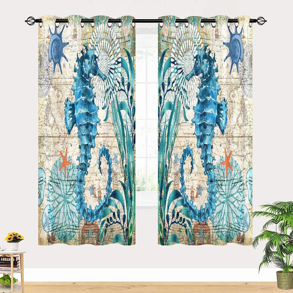 Ocean Animal Landscape Window Curtain, Coral with Nautical Map, Thin, Octopus, Living Room, Bedroom Decor