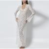 Elegant See Through Split Dress Women White Lace Up Deep V-neck Long Sleeve Female Dresses Loose Lady Dress