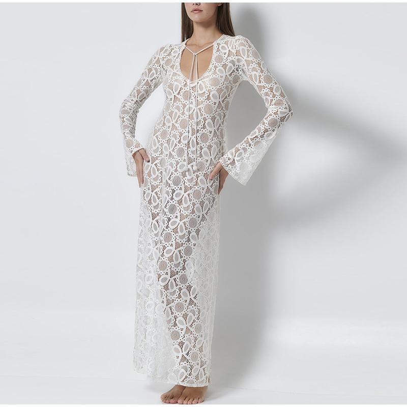 Elegant See Through Split Dress Women White Lace Up Deep V-neck Long Sleeve Female Dresses Loose Lady Dress