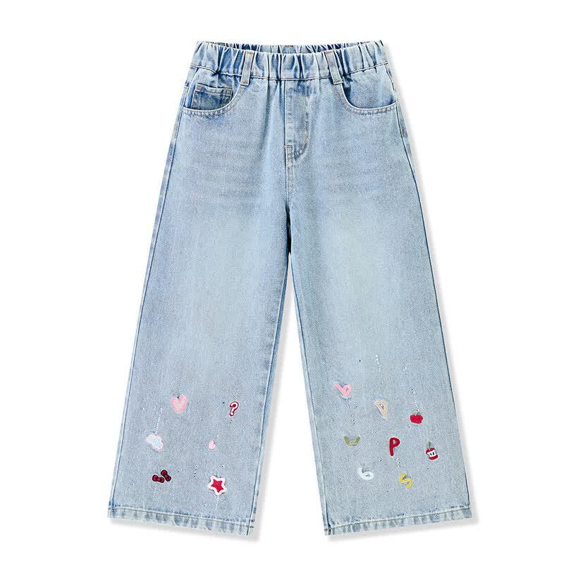 ASK JUNIOR Girls' Retro Washed Embroidered Denim Pants
