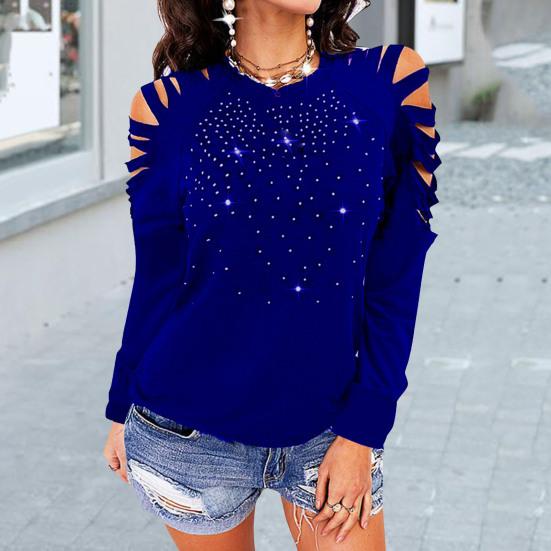 

О-образным вырезом, горячий декор, свободная посадка, женская блузка с открытыми плечами и длинным рукавом