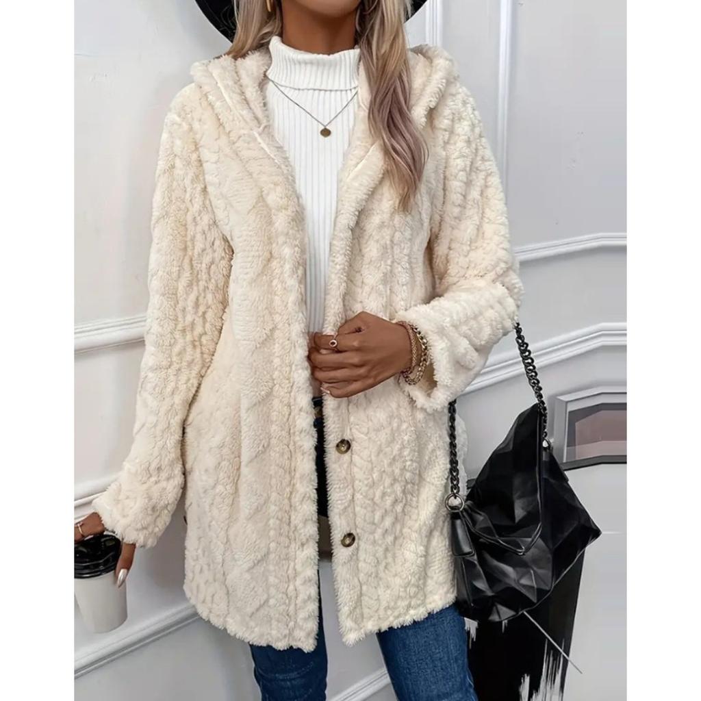 Hooded Solid Color Cardigan Button Up Long Sleeved Casual Fleece Jacket