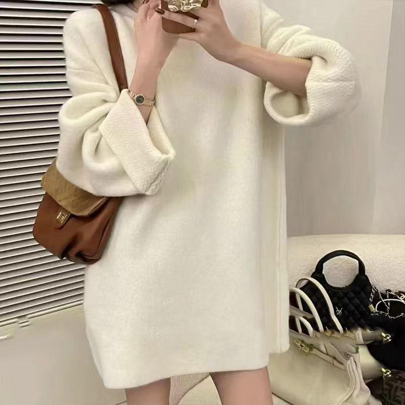 

Autumn and winter new large-size women s clothing fat mother top soft waxy gentle knitting loose lazy wind pullover crew neck sweater women One size бежевый