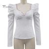 Women Spring Summer Tops Square Collar Puff Long Sleeve T-shirt Flower Decor Solid Color Slim Fit Tee Shirt Streetwear