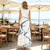 Coastal Resort Long Dress,Sleeveless Navy Marble Crack Pattern U Neck Sundress