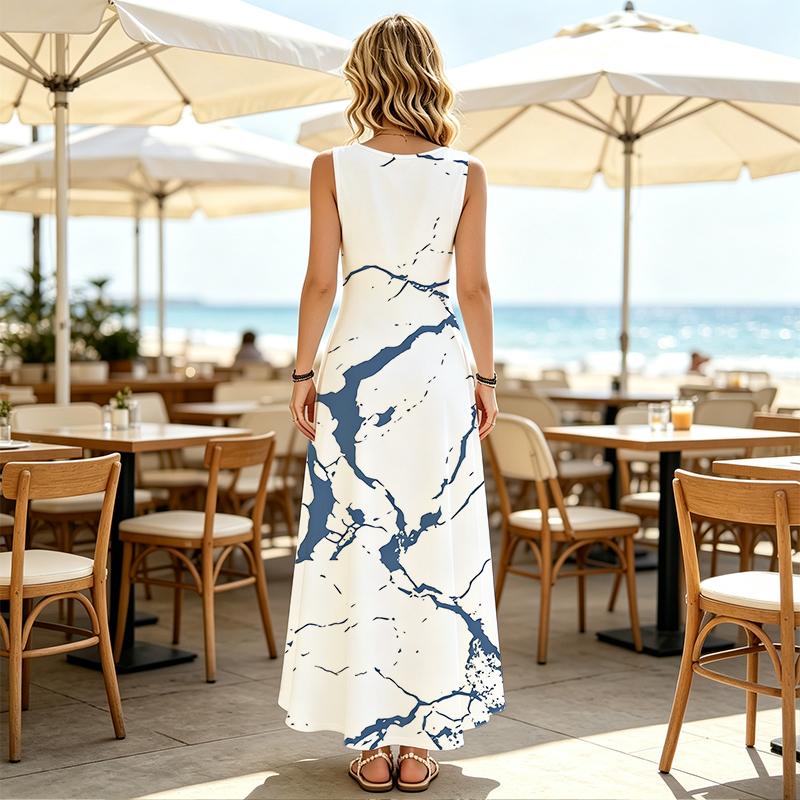 Coastal Resort Long Dress,Sleeveless Navy Marble Crack Pattern U Neck Sundress