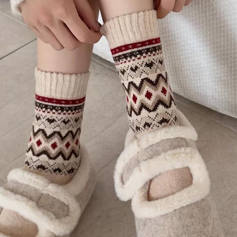 Nordic Retro Socks Medium Socks Wool Pile Socks Diamond Lattice Love Thickened Warm Socks