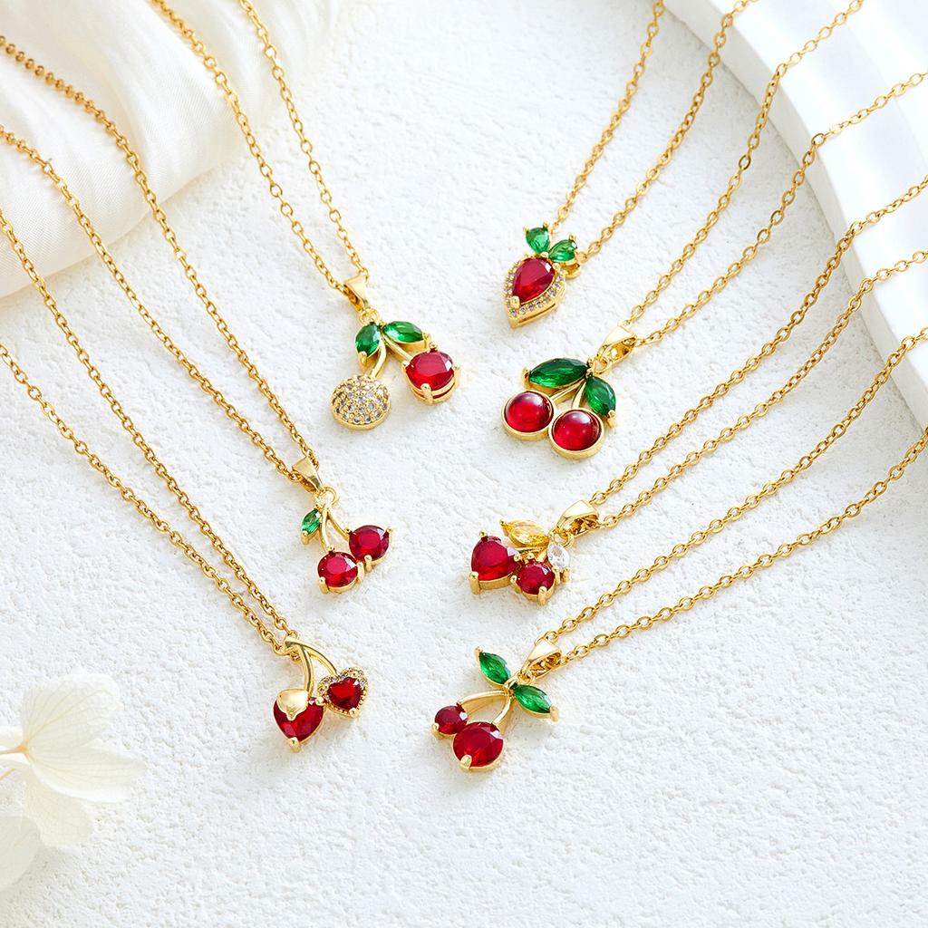 New Sweet and Cute Dripping Oil Strawberry Cherry Titanium Steel Necklace Female Simple Versatile Fruit Series Collarbone Chain