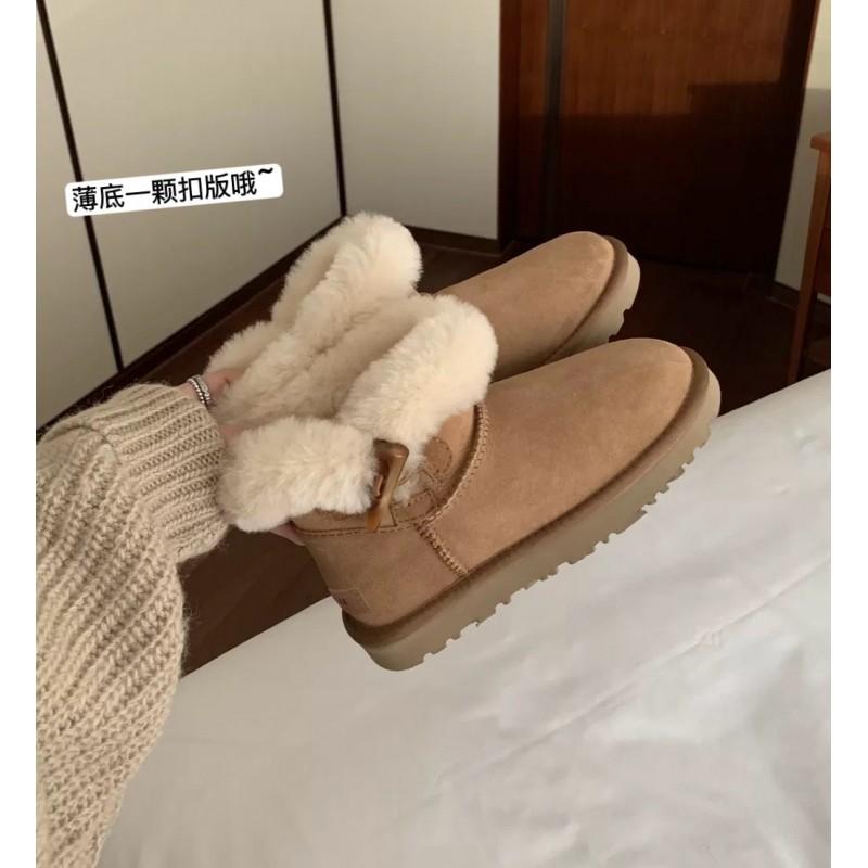 Women's Cow Horn Buckle Fashion Lightweight Soft Sole Winter Warm Fur One Snow Boots Padded Lining Non-slip Casual Sports Cotton Boots