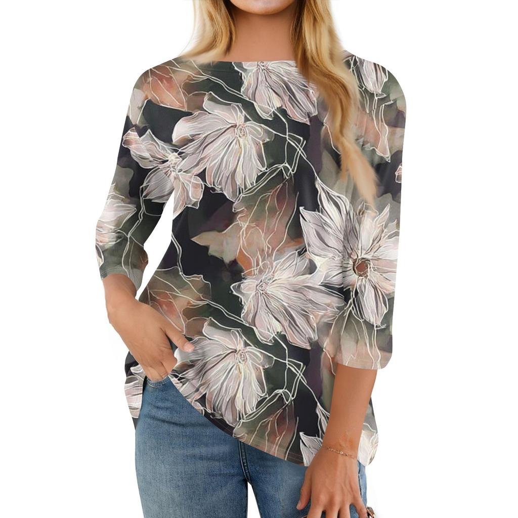 Women's Fashion Casual Round Neck Three Quarter Sleeve Printed T-Shirt Top
