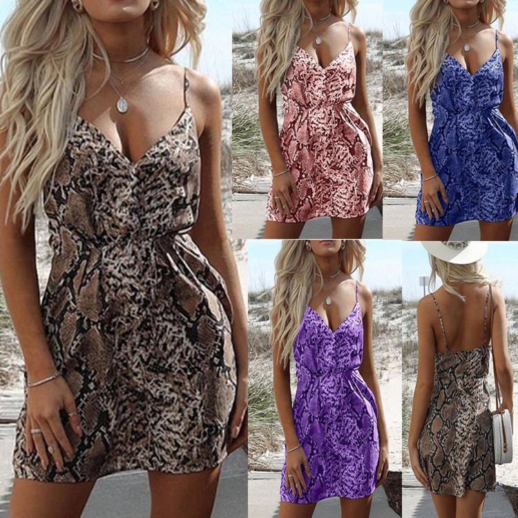 

Женское повседневное летнее мини-пляжное платье без рукавов с v-образным вырезом и змеиным принтом