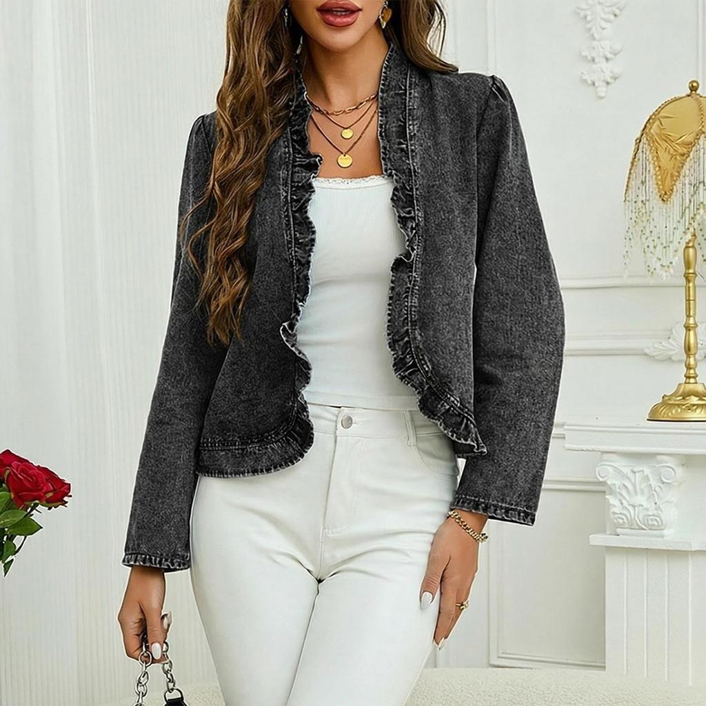 Giacca Corta da Donna Moda Tinta Unita in Denim a Maniche Lunghe con Bordi Arricciati Capospalla Casual Leggero per l'Uso Quotidiano