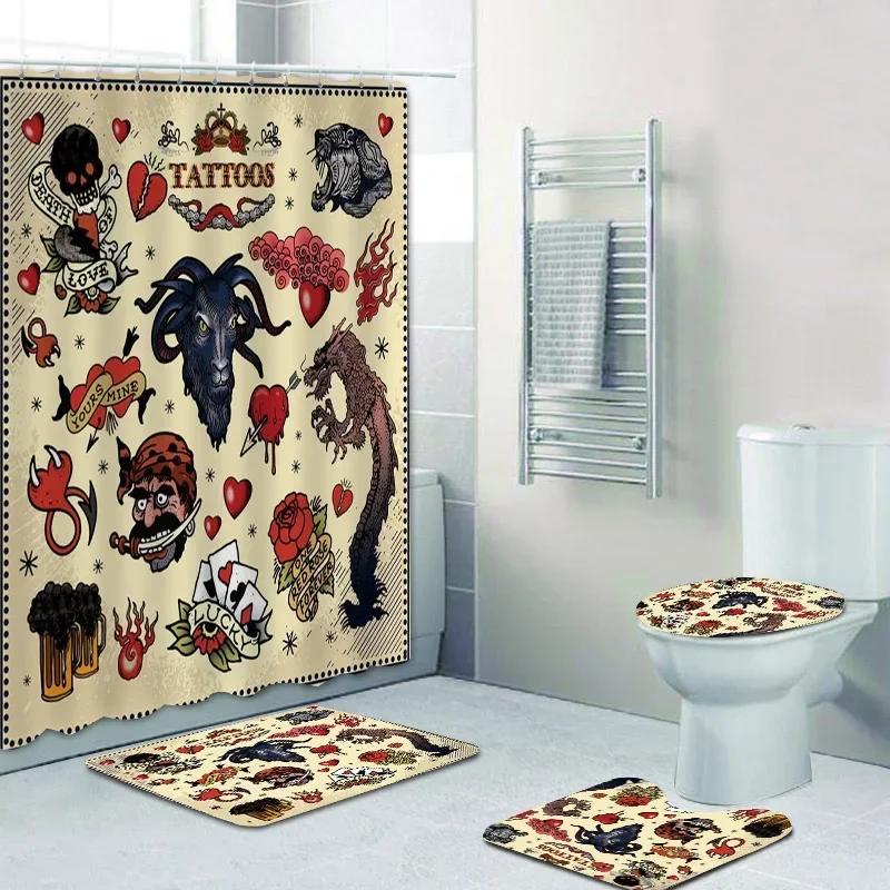Old School Tattoo Art Shower Curtain Set For Bathroom Vintage Punk Skull Anchor Dagger Curtains Rug Mat Halloween Decor