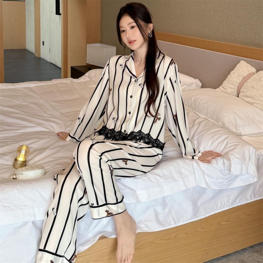 Ice silk pajamas women's spring and autumn new long-sleeved trousers two-piece set of national style casual cardigan loungewear