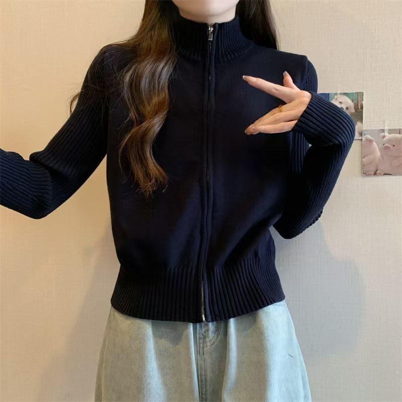 

Black Slim Fit Knitted Zip-Up Cardigan with Stand-Up Collar for Autumn M (90-100cm) чёрный