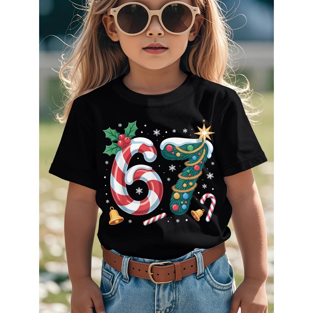 Children's clothing, fun Christmas pattern printed T-shirt, casual round neck short sleeved quick drying children's T-shirt