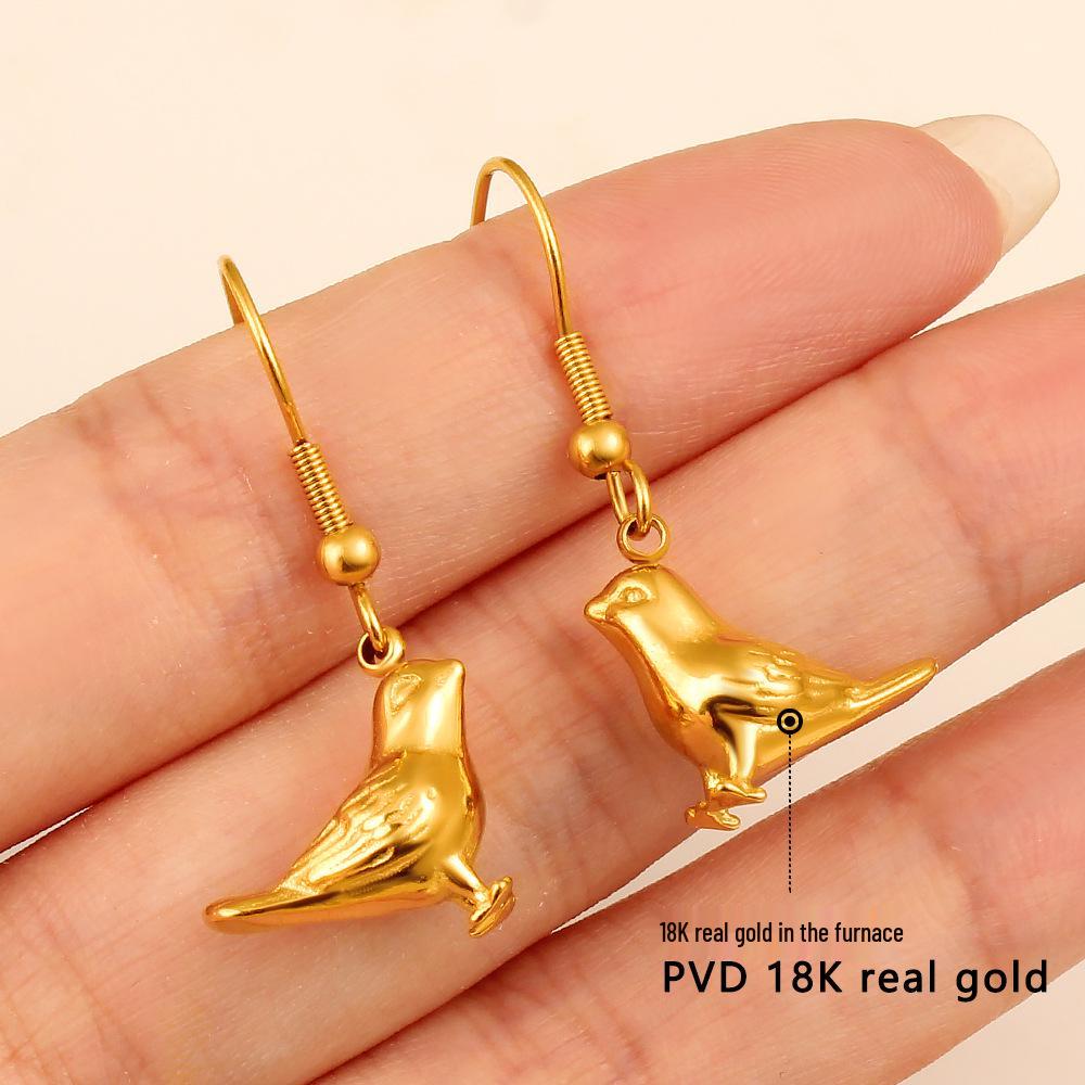 18K Gold Titanium Steel Bird Pendant Hook Earrings – High-End, Unique Design