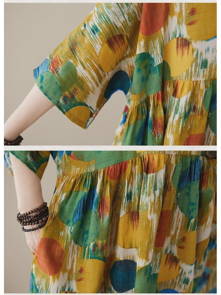 Boho dlhá sukňa letné šaty: Plus Size, Okrúhly výstrih, Krátky rukáv, pre ženy stredného a staršieho veku.