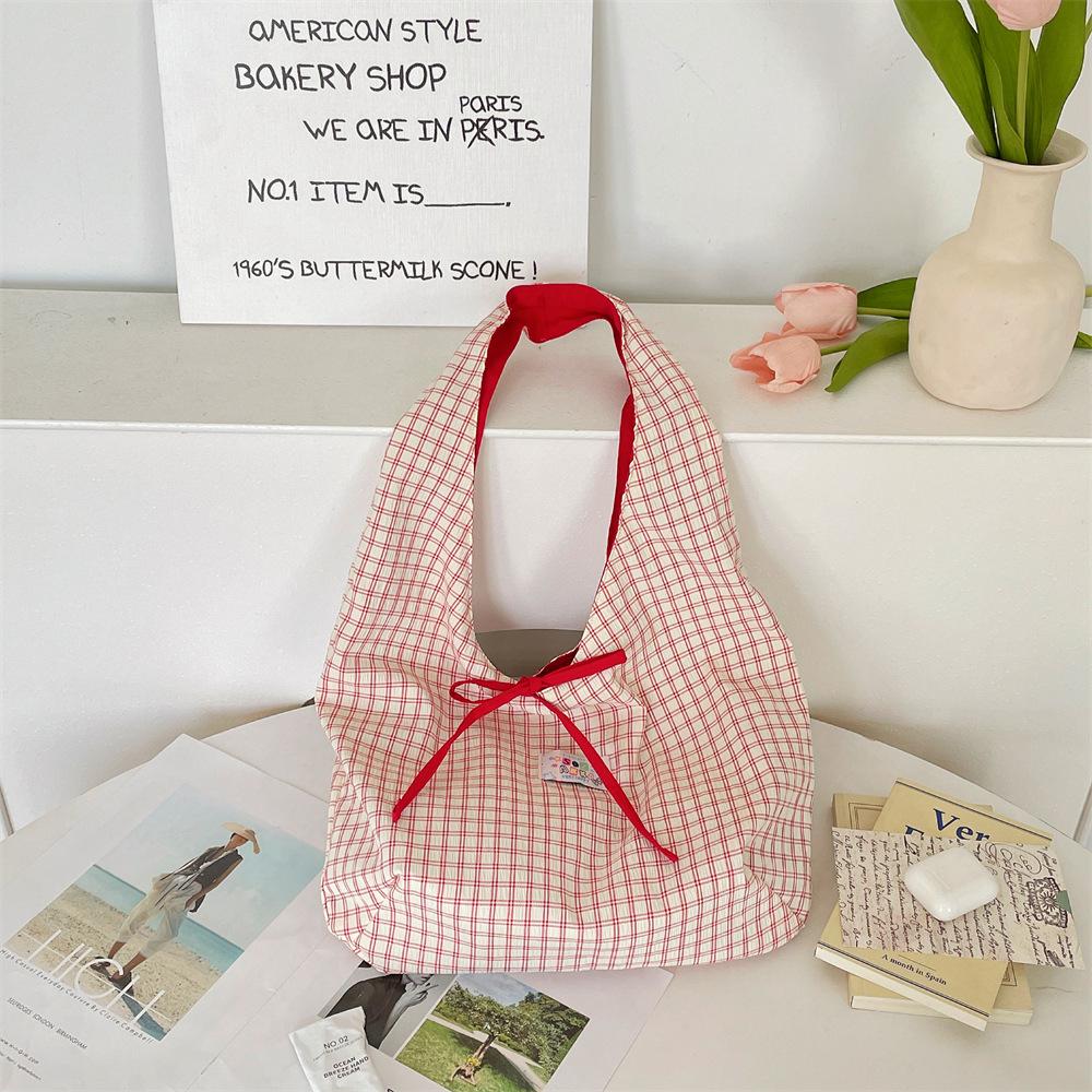 Plaid Candy Color Double Sided Women's Shoulder Bags Sweet Strap Bow Ladies Handbags Large Capacity Portable Female Underarm Bag