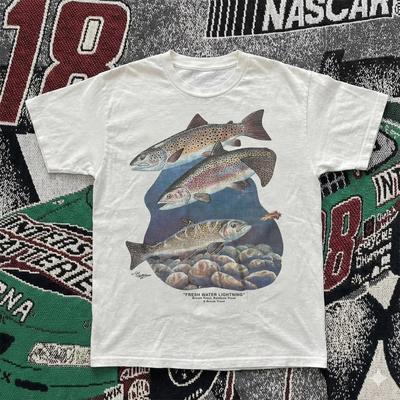 T-shirt da pesca a mosca stile vintage anni '90 Trota Acqua Dolce Lightning Angler