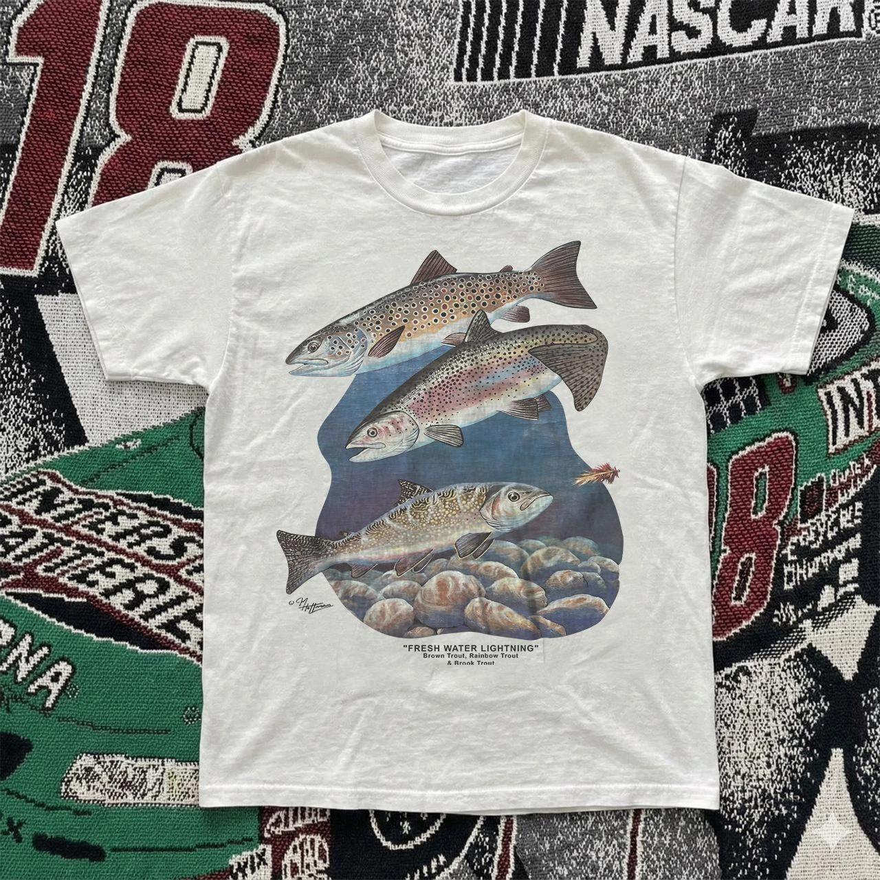 

Vintage Style 90s Trout Fresh Water Lightning Angler Fly Fishing T Shirt L