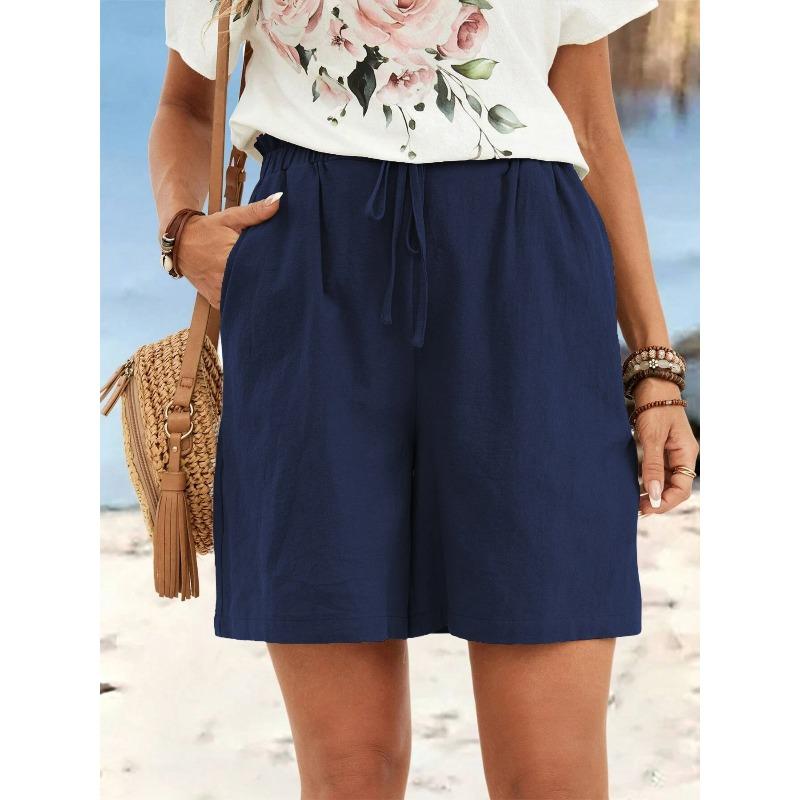Women's Spring Summer Linen Solid Color Shorts Casual Sports Women's Shorts Three-quarter Pants with Drawstring Shorts