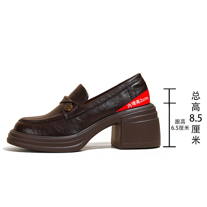 Women's spring new versatile one-pedal thick heel inner height increase small leather shoes buckle camellia single shoes women
