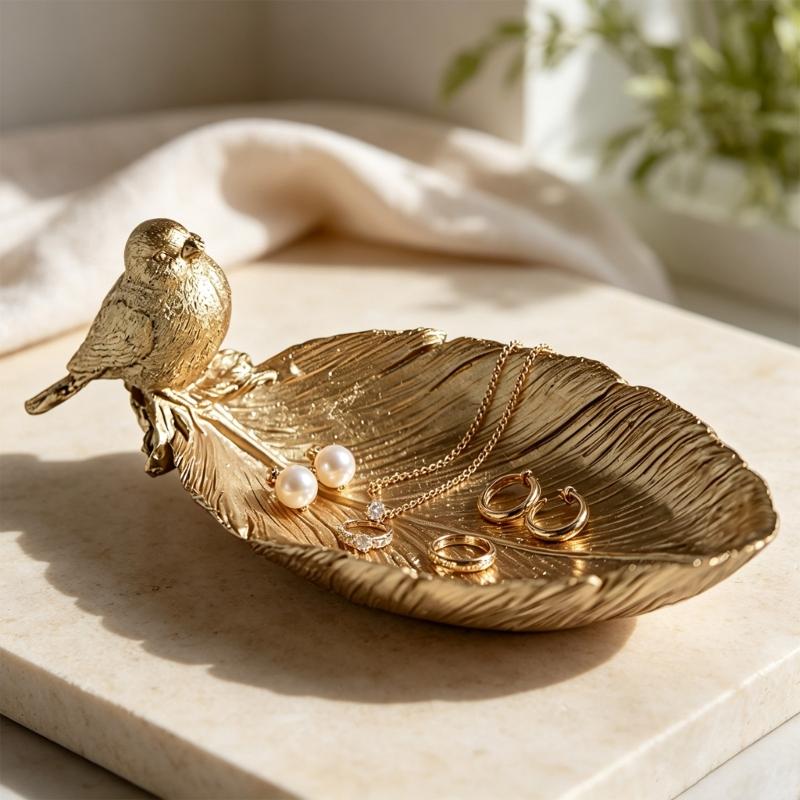 Jewelry Organizers Tray, Resin Leaf Shape with Standing Bird Catchall Trinket Dish for Rings Earrings and Necklaces, Decors Accent for Vanity and
