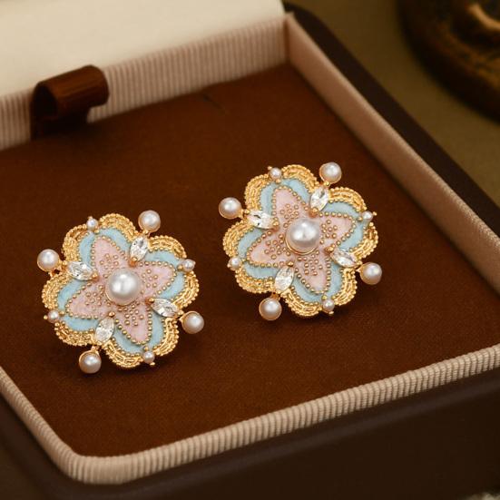 1 Pair Stud Earrings Imitation Pearl Cubic Zirconia Stone Inlaid Flower Shape French Style Blue Enamel Ear Studs Jewelry Gift