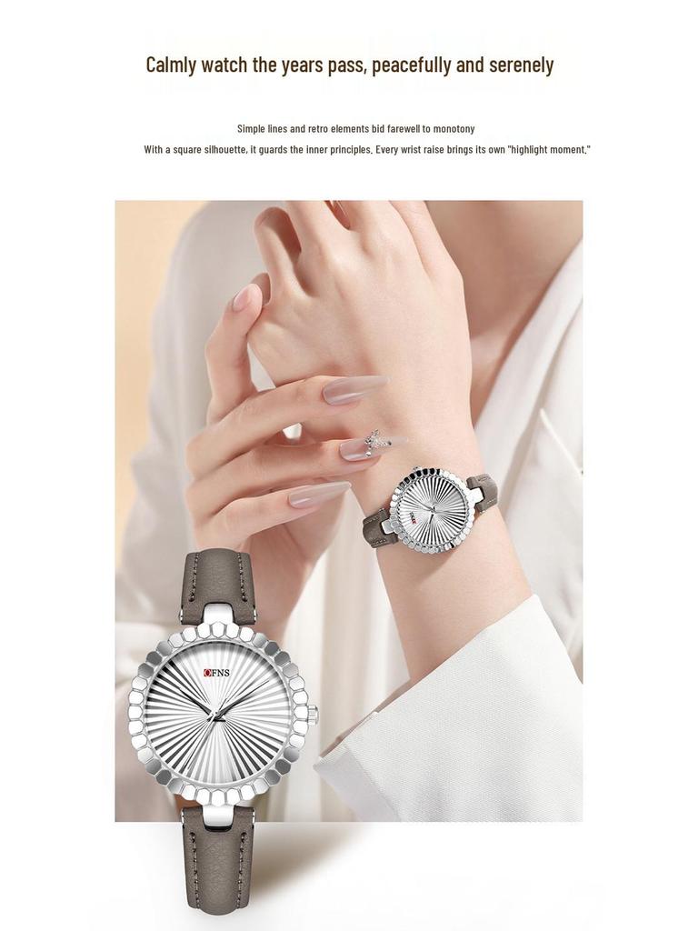 Oufanni Women's Sunburst Quartz Watch with Cowhide Strap – Waterproof, Fan-Shaped Versatile Design, Model 1643.