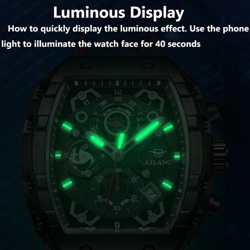 AILANG Men Watches Luxury Trend Tonneau Case Quartz Clock Luminous Chronograph Waterproof Rubber Strap Mens Reloj Hombre