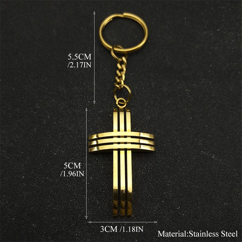 Stainless Steel Jesus Cross Pendant Key Chains for Women Men Gold Color Christian Holy Lord Crucifix Key Ring Jewelry Gift
