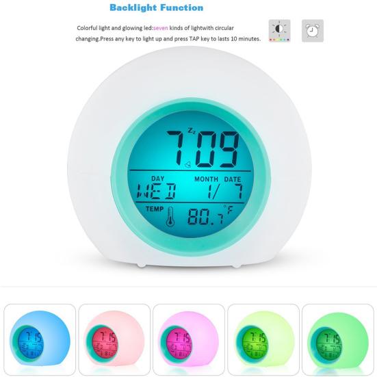 Round Colorful Backlight LED Time Date Temperature Display Snooze Alarm Clock