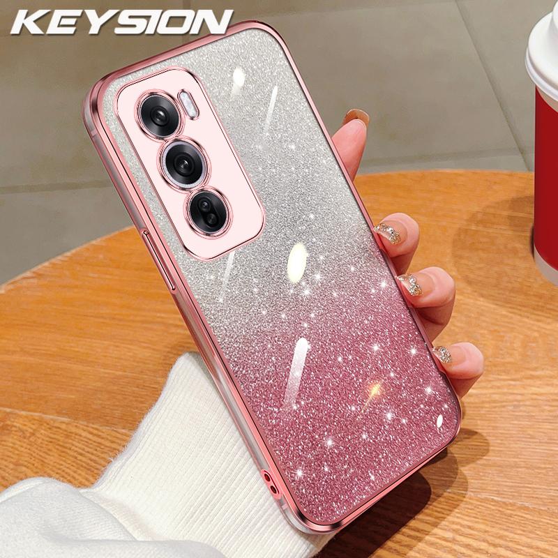 KEYSION Luxury Plating Glitter Phone Case for OPPO Reno12 Pro 5G Transparent Soft TPU Shockproof Back Cover for OPPO Reno12 5G for OPPO Reno12 5G розовый