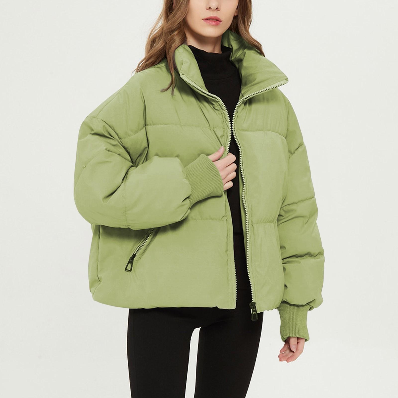 

Женская мода для отдыха, сплошной цвет, длинный рукав, свободный воротник-стойка, пальто на молнии, хлопковый топ M зелёный