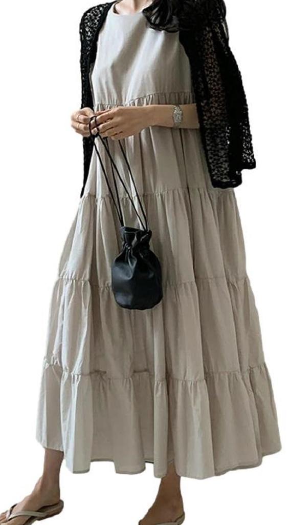 Nibunnoichi Style Sleeveless Tiered Dress with Round Casual and Resort Size [1/2style] A-Line Neck, Soft, Style, Women's (Beige, M)