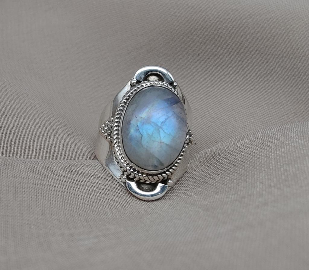 Rainbow Moonstone Ring: Sterling Silver Statement Jewelry, Artisan Boho Design