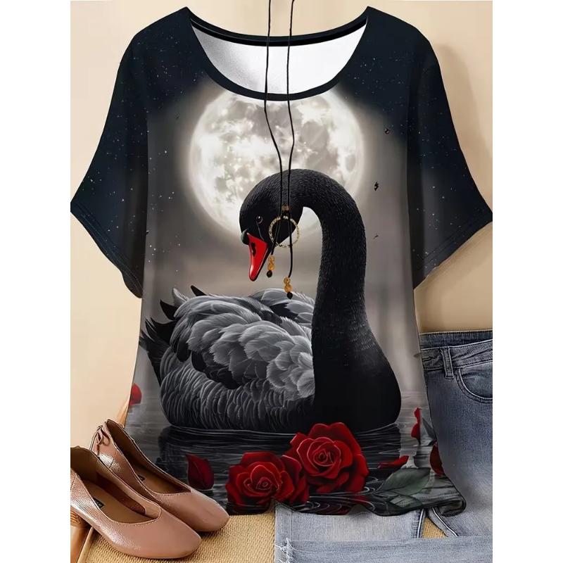 Modisches Damen Rundhals Kurzarm 3D Tier Farbdruck Tier Kurzarm Rundhals T-Shirt
