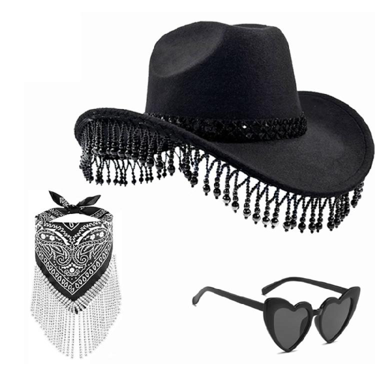 Cowgirls Hat Pearls Fringed Bandana Set for Women Classical Western Wide Brim Wesatern Hat Floral Scarf and Sunglasses