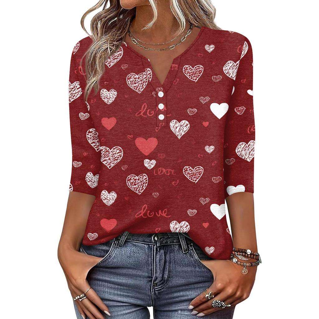 Camiseta feminina estampada com botões, manga 3/4, moda diária, de fim de semana, básica, decote em V, top regular