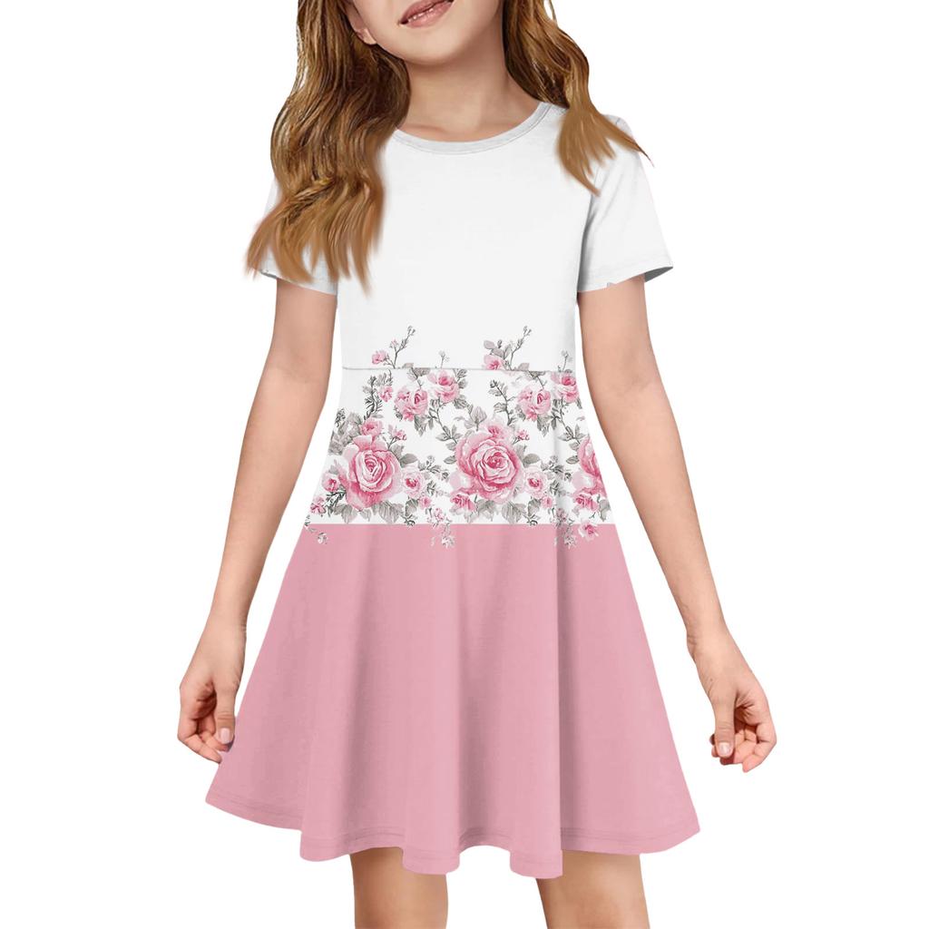 Girl Summer Dress Color & Print Short Sleeve Dress With Pocket Casual Dress Shorts Sleeve Party Dress Easter Day