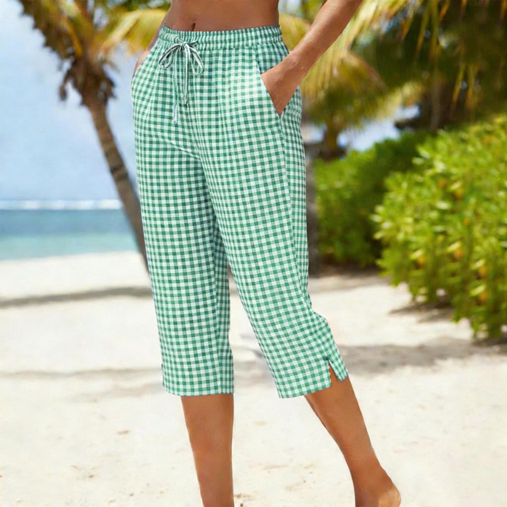 Damen Mode Kariert Print Elastischer Bund Zum Binden Locker Freizeit Sieben-Achtel 7/10 Hose