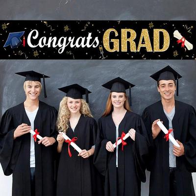 Runtowo 50x300cm Graduation Banner, Congrats Grad Bachelor's Hat Courtyard Banner ,Class of 2025 Graduation Party Decor