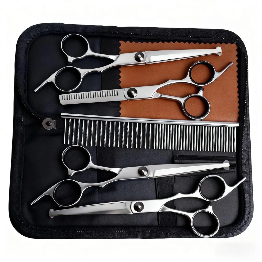 Portable Pet Grooming Scissor Set: Flat & Curved Hairdressing Tools