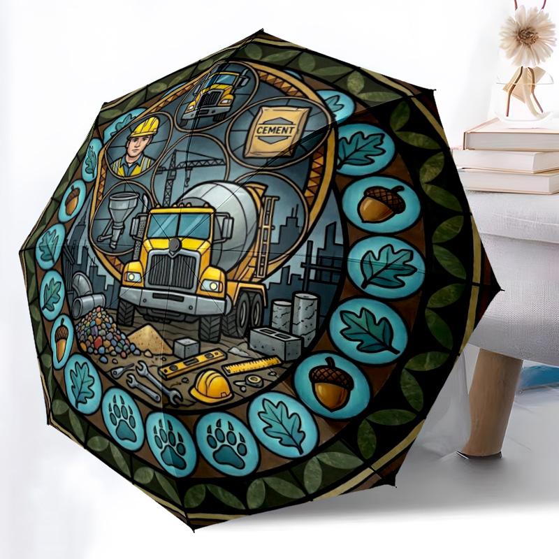 Construction Crafts Pattern Umbrella, Portable and Foldable Design, 8 Ribs, a Casual Accessory for Halloween, Christmas, and Birthday Gifts.